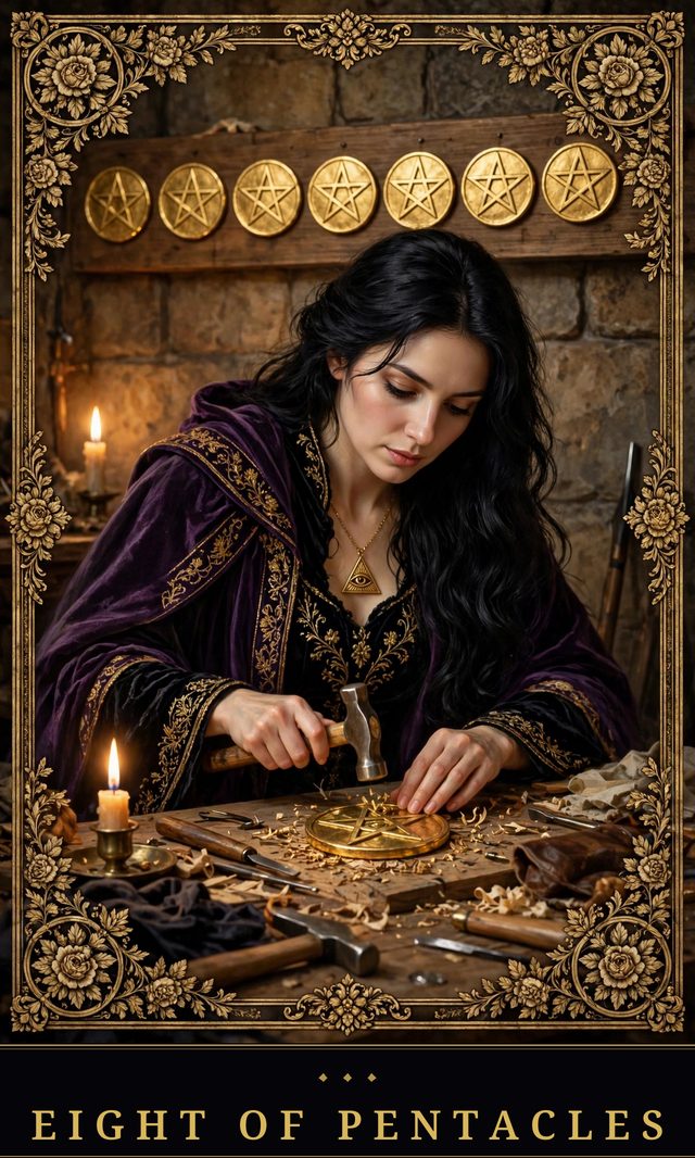 Moon Crown Tarot card art for Eight of Pentacles