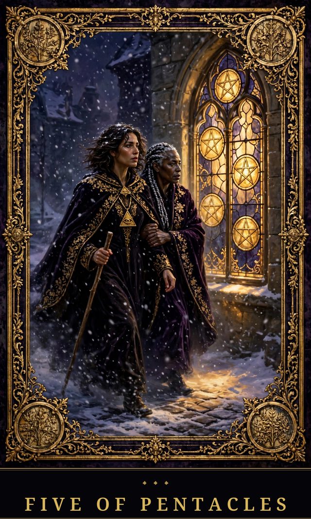 Moon Crown Tarot card art for Five of Pentacles
