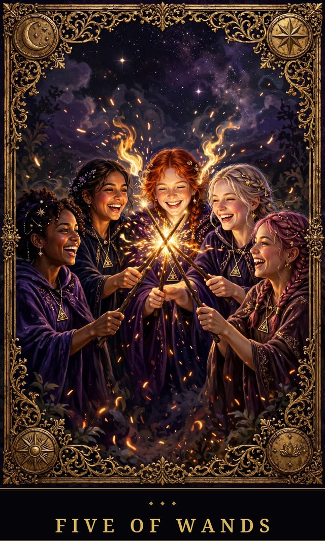 Moon Crown Tarot card art for Five of Wands
