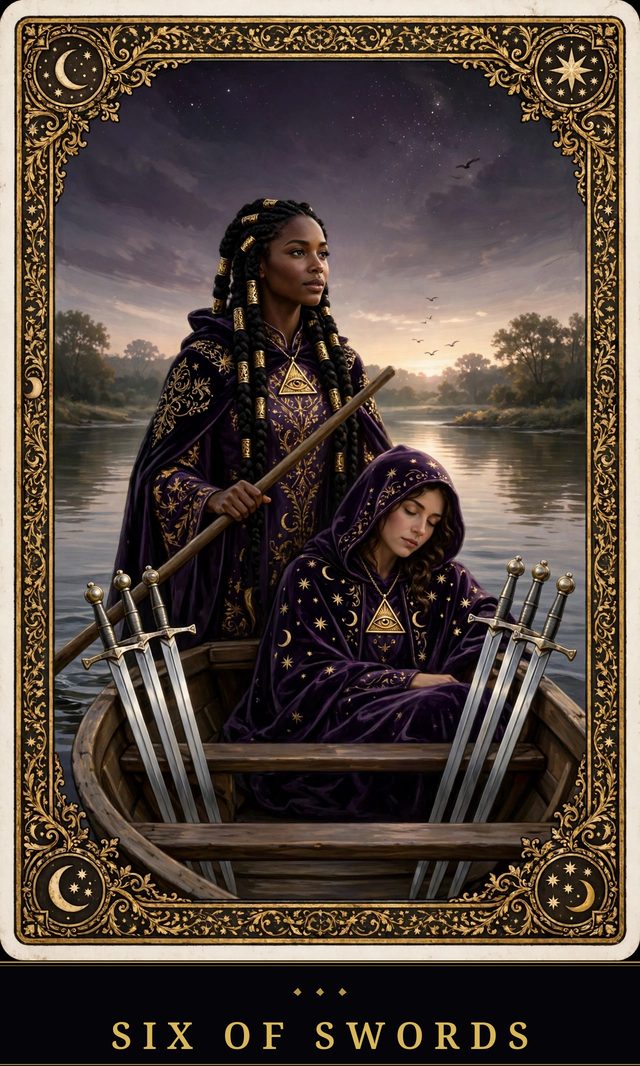 Moon Crown Tarot card art for Six of Swords
