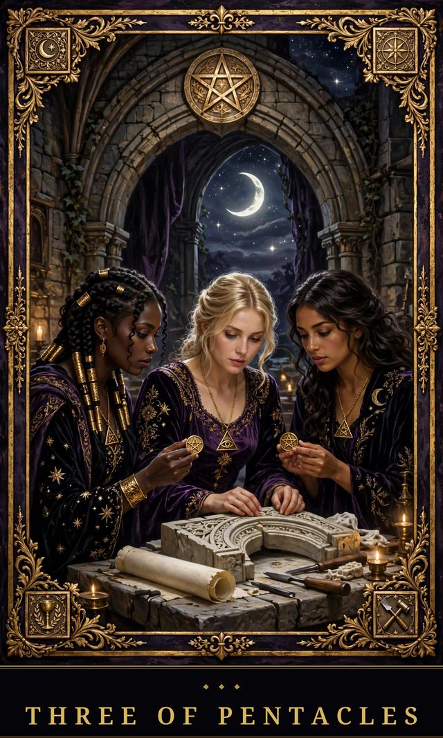 Moon Crown Tarot card art for Three of Pentacles