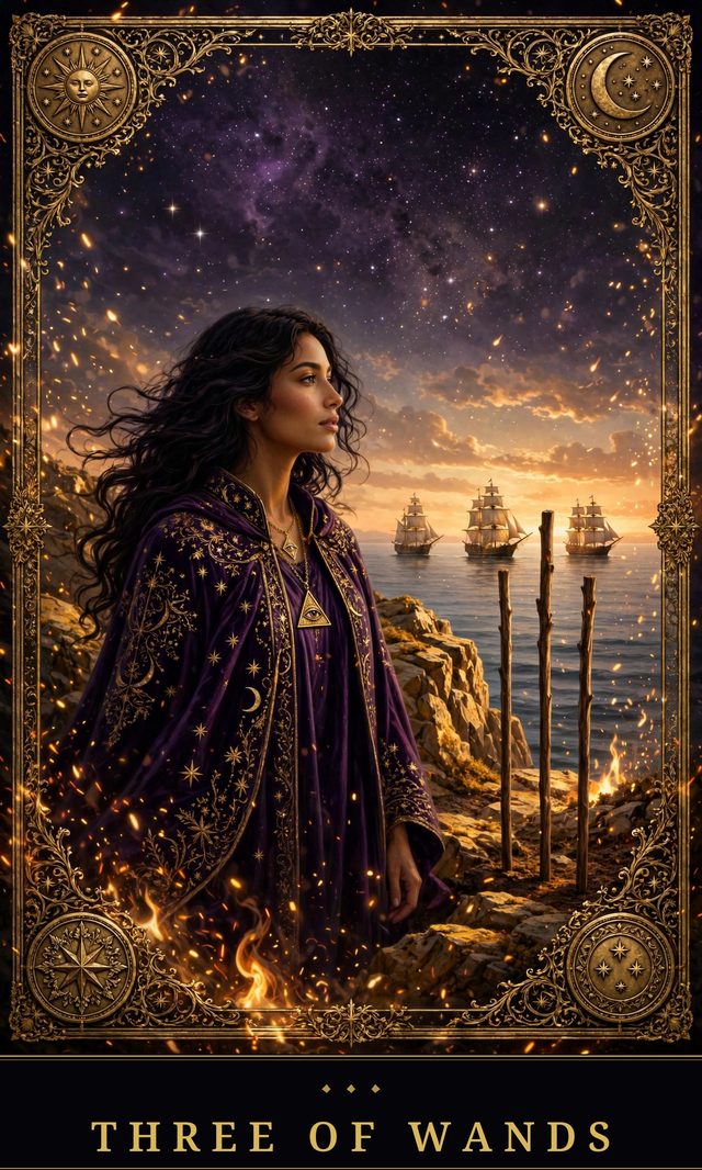 Moon Crown Tarot card art for Three of Wands