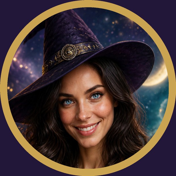 The Moon Crown muse — a witch with long dark hair, blue eyes, and a gold all-seeing-eye necklace, inside a gold-ringed medallion