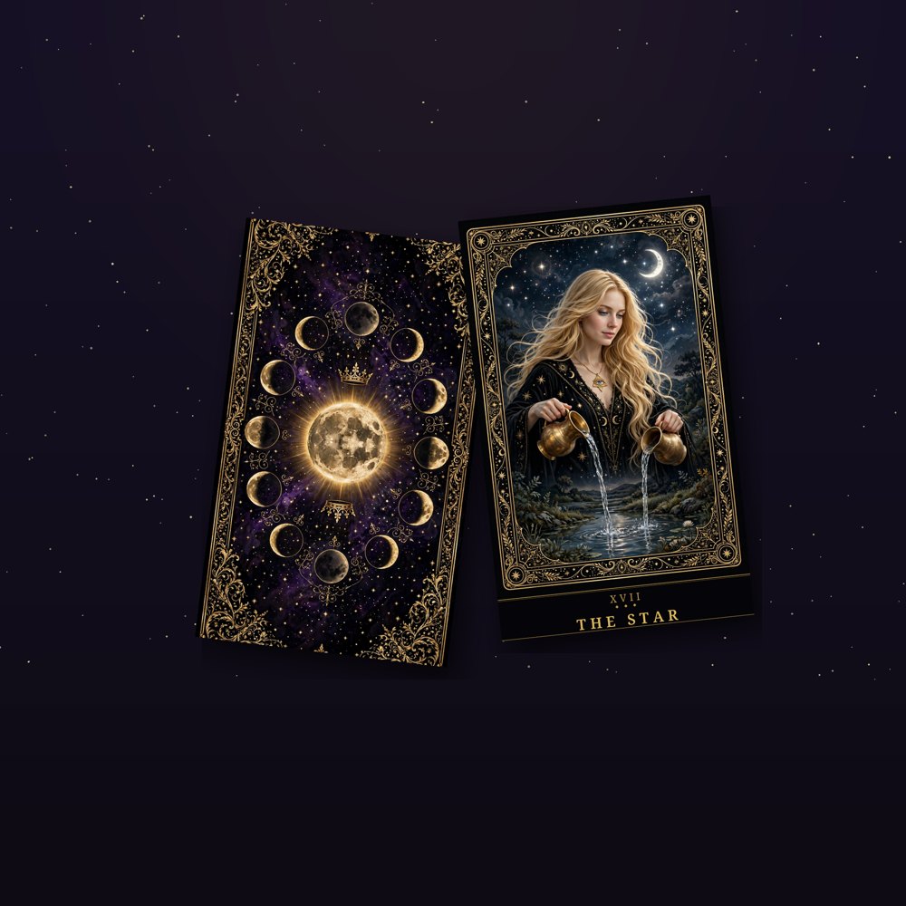 Digital mockup — the Phases card back beside The Star