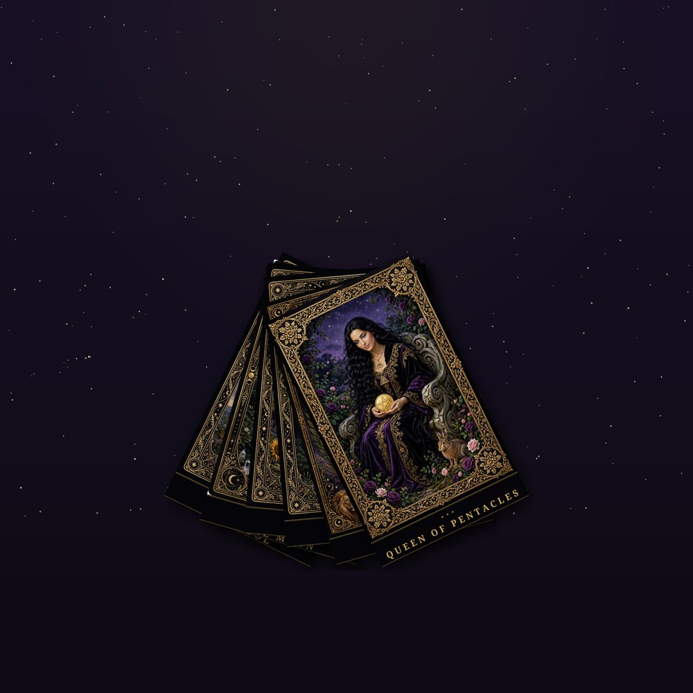 Digital mockup — a fan of Moon Crown Tarot cards: The Fool, The Moon, The Sun, The Star, The World and the Queen of Pentacles