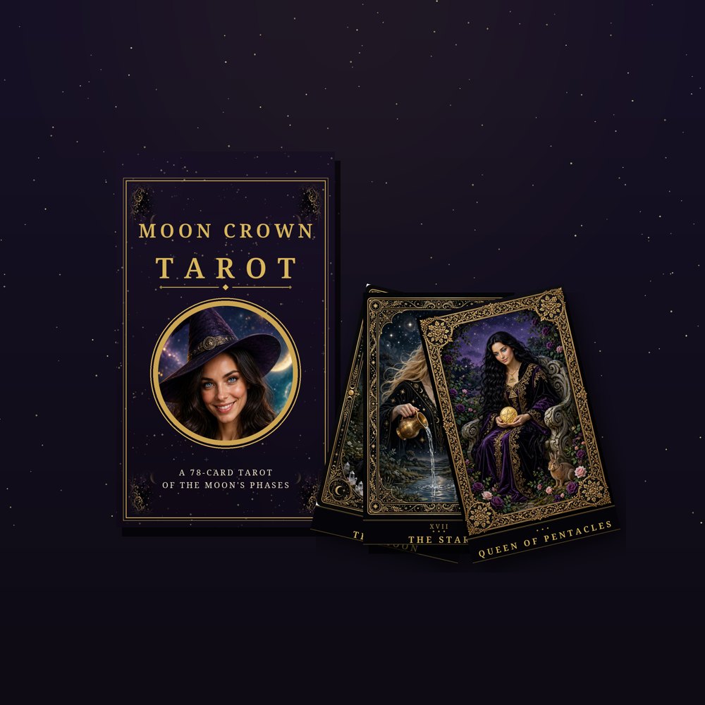Digital mockup of the Moon Crown Tarot printed edition — tuck box with The Moon, The Star and the Queen of Pentacles cards